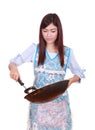 Female chef holding the frying pan isolated on white Royalty Free Stock Photo