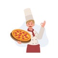 female chef holding pizza with wearing chef hat and uniform. vector cartoon illustration Royalty Free Stock Photo