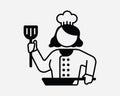 Female Chef Icon. Lady Woman Girl Cook Kitchen Cartoon Character Restaurant. Black White Sign Symbol EPS Vector Royalty Free Stock Photo