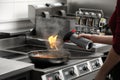 Female chef with manual gas burner cooking tasty food on stove in restaurant kitchen
