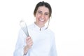 Female chef with pastry whip on white background