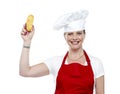 Female chef showing bread before baking it Royalty Free Stock Photo