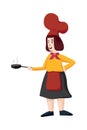 Female chef vector. Woman cook in apron standing with frying pan