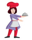 Female chef vector. Woman cook in apron standing with tray
