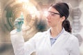 Female chemist wearing lab coat and protective eyeglasses holds a test-tube in abstract backdrop