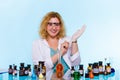 Female chemistry student with glassware test flask. Royalty Free Stock Photo