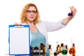 Female chemistry student with glassware test flask. Royalty Free Stock Photo