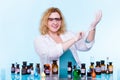 Female chemistry student with glassware test flask. Royalty Free Stock Photo