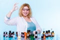 Female chemistry student with glassware test flask. Royalty Free Stock Photo