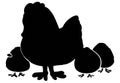 Female chicken or Hen with chicks icon, cock black silhouette baby chickens Royalty Free Stock Photo