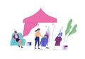 Female choosing clothes at rag fair or street market vector flat illustration. Buyer touch apparel on hanger, seller sit