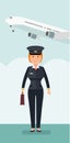 Female civil aviation pilot in the background of the plane and the airport. Royalty Free Stock Photo