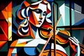 Female classical musician violinist playing a violin or viola in an abstract orchestra cubist style painting Royalty Free Stock Photo