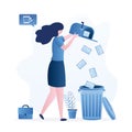 Female clerk throws letters into trash can. Funny businesswoman deletes spam or read mail from mailbox. File manager, deleting Royalty Free Stock Photo