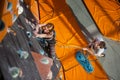 Female climber is climbing up on indoor rock-climbing wall Royalty Free Stock Photo