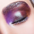 Female closed eye with evening violet purple eyes shadows and white eyelashes makeup