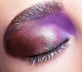 Female closed eye with evening violet purple eyes shadows and white eyelashes makeup