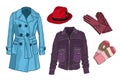 Female Closet. Outerwear. Demi-season clothes. Hats and accessories. Vector.