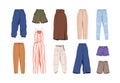 Female clothes, casual pants, modern trousers, skirt, summer shorts, jeans. Women wearing, apparel, fashion lower body