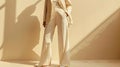 female clothes stylish modern light pant suit on beige background with sun lights