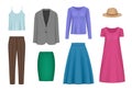 Female clothes. Woman wardrobe with fashioned clothes skirt dress pants and blouse decent vector templates set