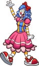 Happy female cartoon clown with blue hair