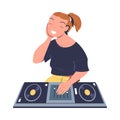Female club DJ playing music at console mixer. Smiling girl musician in headphones mixing music on deck cartoon vector Royalty Free Stock Photo