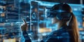 A female coder interacting with virtual holographic screens while wearing a VR headset, in a high-tech environment, representing