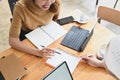 Female colleagues discussing results or presenting new project. Royalty Free Stock Photo