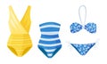 Female Colorful Swimsuits Isolated on White Background Vector Set. Fashion Tankini and Monokini Collection