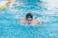 Female swimmer moving through the water performs a butterfly stroke Royalty Free Stock Photo