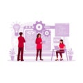Female computer programmer discussing software development strategies with colleagues in the office. Programmers concept.