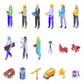 Female construction engineer icons set isometric vector. Architect worker