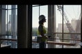 Female construction manager looking out window. Generative Ai Royalty Free Stock Photo