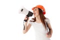 Female construction superintendent with megaphone Royalty Free Stock Photo