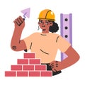 Female construction worker. Black woman in uniform building a wall