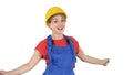 Female construction worker dancing happy on white background. Royalty Free Stock Photo