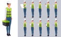 Female Construction Worker, Engineer Character Set With Different Poses, Tools and Actions