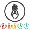 Female construction worker with gear icon. Set icons in color circle buttons Royalty Free Stock Photo