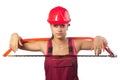 Female construction worker holding saw Royalty Free Stock Photo