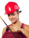 Female construction worker holding saw Royalty Free Stock Photo