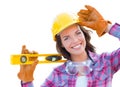 Female Construction Worker with Level Wearing Gloves, Hard Hat Royalty Free Stock Photo