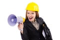 Female construction worker with loudspeaker isolated Royalty Free Stock Photo