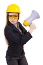 Female construction worker with loudspeaker Royalty Free Stock Photo