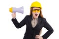 Female construction worker with loudspeaker isolated Royalty Free Stock Photo