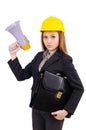 Female construction worker with loudspeaker isolated Royalty Free Stock Photo