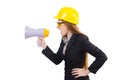 Female construction worker with loudspeaker isolated Royalty Free Stock Photo