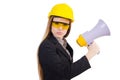 Female construction worker with loudspeaker isolated Royalty Free Stock Photo