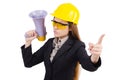Female construction worker with loudspeaker isolated Royalty Free Stock Photo