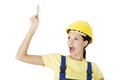 Female construction worker pointing on copy space Royalty Free Stock Photo